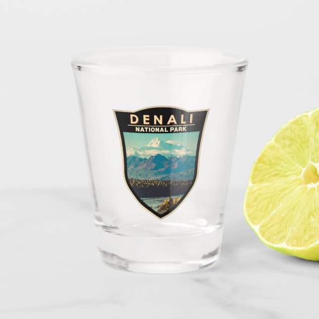 Denali National Park Watercolor Badge Shot Glass (Front)