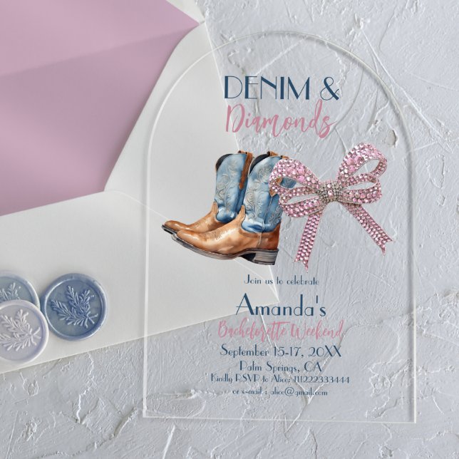 Denim and Diamond Disco Party Bachelorette Weekend Acrylic Invitations (Creator Uploaded)