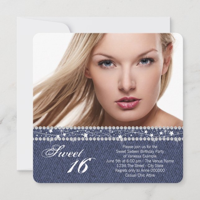 Denim and Diamond Sweet Sixteen Party Invitation (Front)