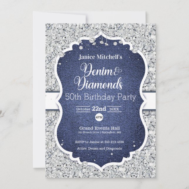 Denim and Diamonds Birthday Invitation (Front)