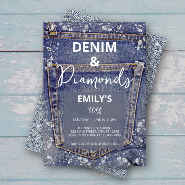 Denim and Diamonds Bling Jean Glam Birthday Party Invitation (Creator Uploaded)
