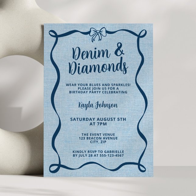 Denim and Diamonds Blue Bow Coquette Wavy Ribbon Invitation (Creator Uploaded)