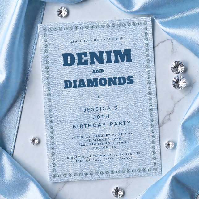 Denim and Diamonds Blue Jeans 30th Birthday Party Invitation (Denim and Diamonds Blue Jeans 30th Birthday Party Invitation)