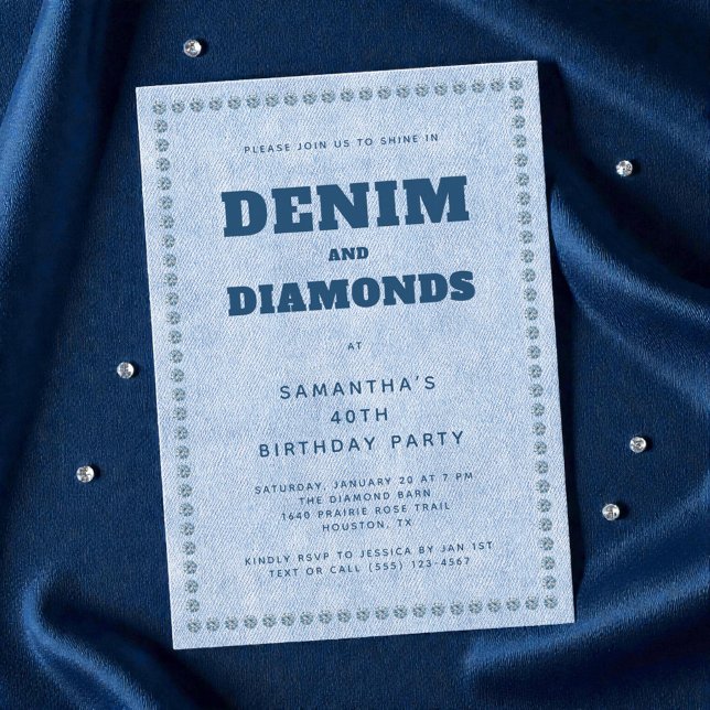 Denim and Diamonds Blue Jeans 40th Birthday Party Invitation (Denim and Diamonds Blue Jeans 40th Birthday Party Invitation)