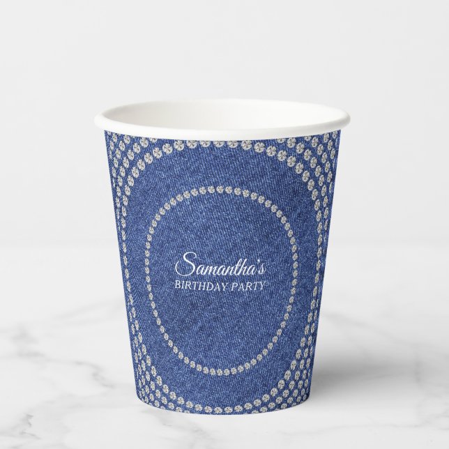 Denim and Diamonds Blue Jeans Bling Birthday Party Paper Cups (Front)