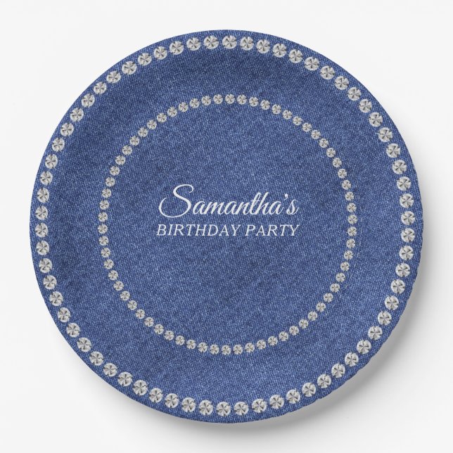 Denim and Diamonds Blue Jeans Bling Birthday Party Paper Plate (Front)
