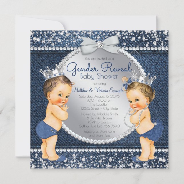 Denim and Diamonds Gender Reveal Baby Shower Invitation (Front)