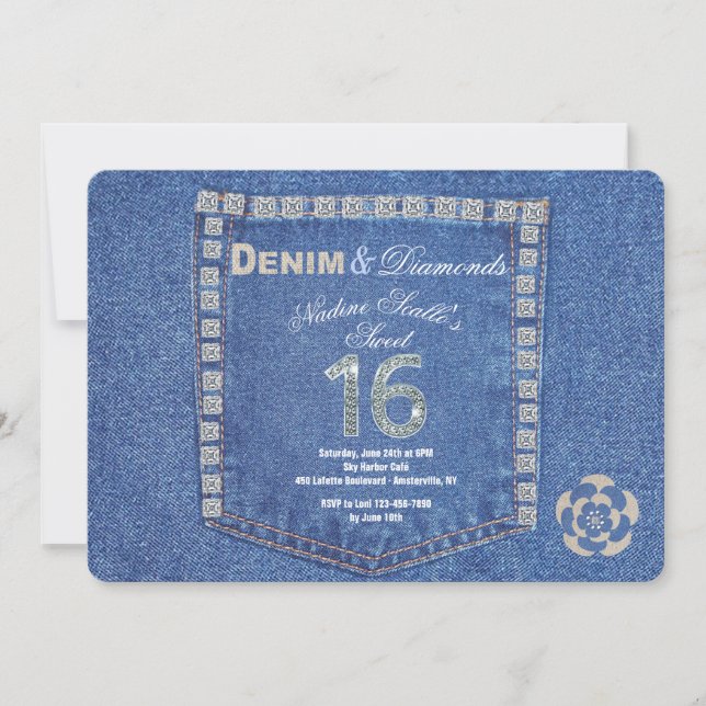 Denim and Diamonds Sweet Sixteen Birthday Invitation (Front)