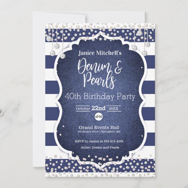 Denim and Pearls 40th Birthday Invitation (Front)