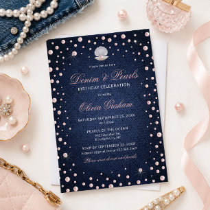Denim and Pink Pearls Birthday Invitation