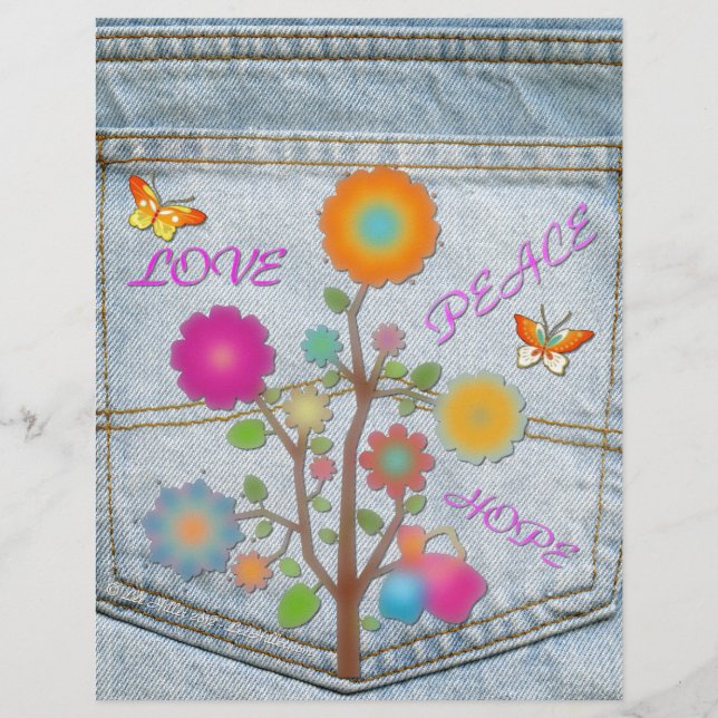 Denim Back Pocket Flowers Peace Love Hope (Front)