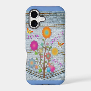 Denim Back Pocket Flowers Peace Love Hope