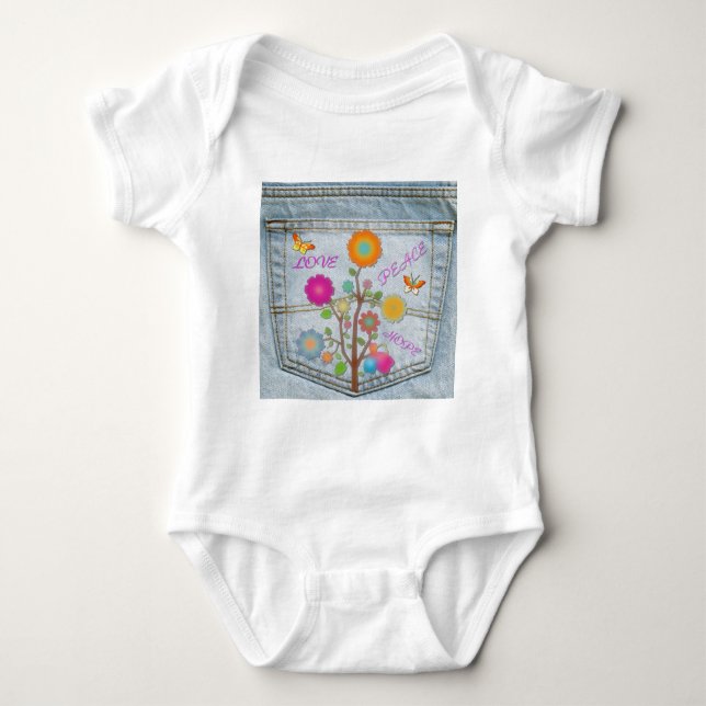 Denim Back Pocket Flowers Peace Love Hope Baby Bodysuit (Front)