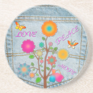 Denim Back Pocket Flowers Peace Love Hope Coaster