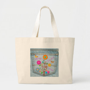 Denim Back Pocket Flowers Peace Love Hope Large Tote Bag