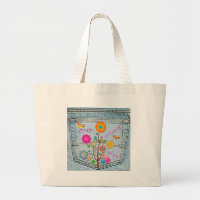 Denim Back Pocket Flowers Peace Love Hope Large Tote Bag (Front)