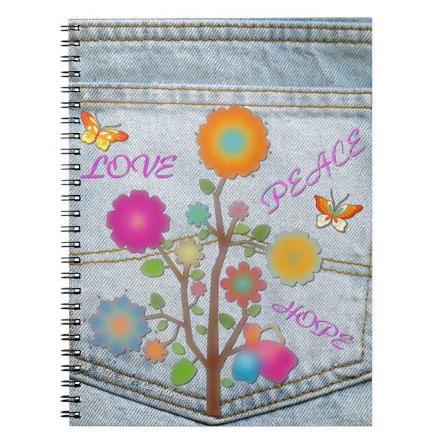 Denim Back Pocket Flowers Peace Love Hope Notebook (Front)