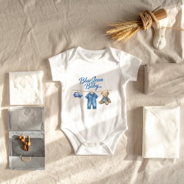 Denim Bear Clothesline Boy Blue Jean Baby Shower Baby Bodysuit (Creator Uploaded)
