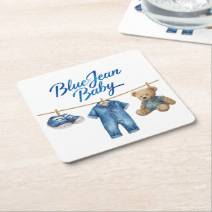 Denim Bear Clothesline Boy Blue Jean Baby Shower Square Paper Coaster