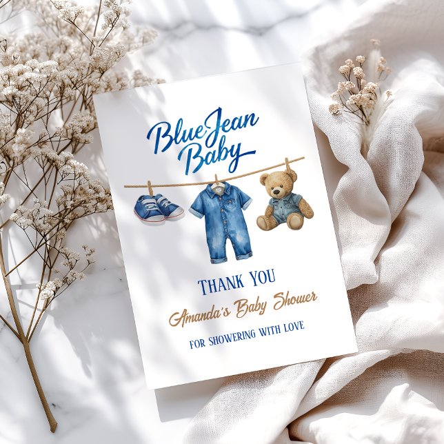 Denim Bear Clothesline Boy Blue Jean Baby Shower Thank You Card (Creator Uploaded)