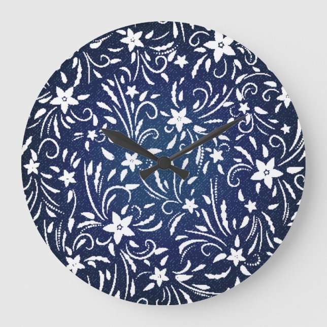 Denim Blooms: Floral Pattern Background Large Clock (Front)