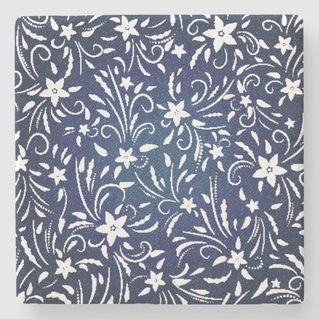 Denim Blooms: Floral Pattern Background Stone Coaster (Front)