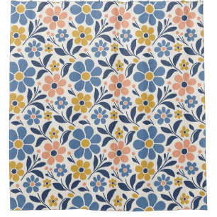 Denim Blue and Peach 70s Boho Floral Shower Curtain