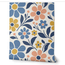 Denim Blue and Peach 70s Boho Floral