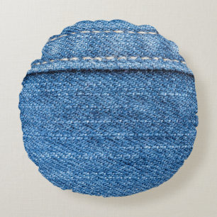 Denim Blue: Classic Jeans Texture. Round Cushion