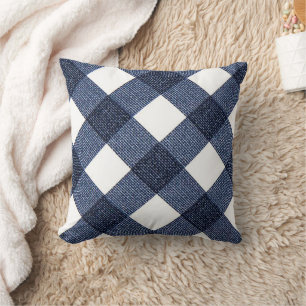 Denim Blue Diagonal Buffalo Chequered Throw Pillow