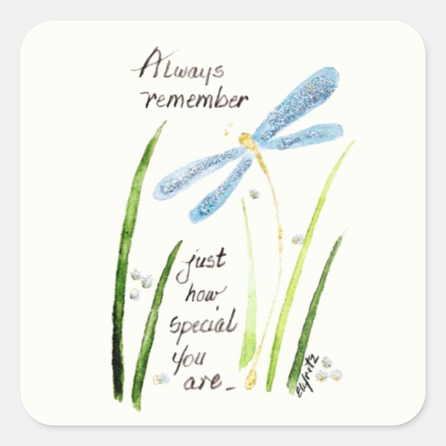Denim Blue Dragonfly On Long Pear Green Grass Squa Square Sticker (Front)