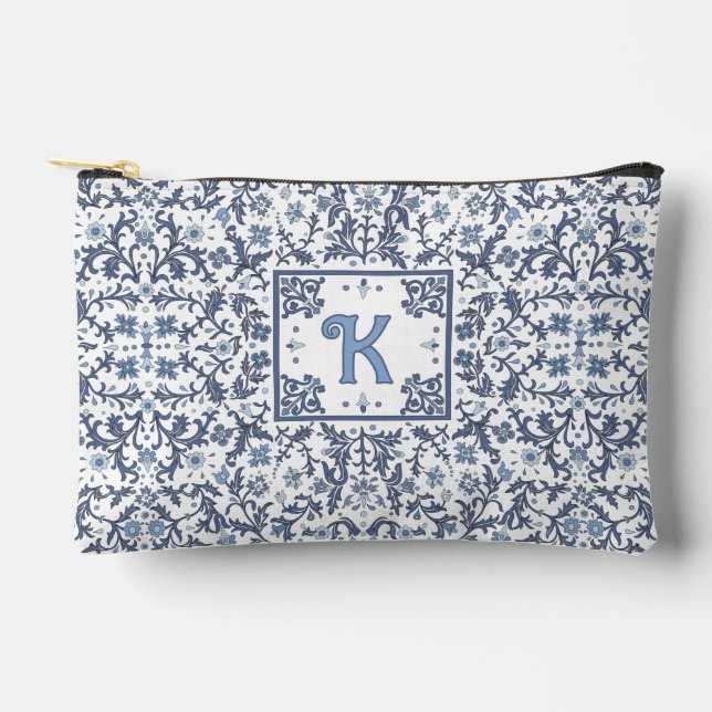 Denim Blue Fancy Floral Pattern Personalised Accessory Pouch (Front)