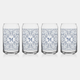 Denim Blue Fancy Graphic Pattern Personalised Can Glass