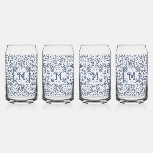 Denim Blue Fancy Graphic Pattern Personalised Can Glass (Front)