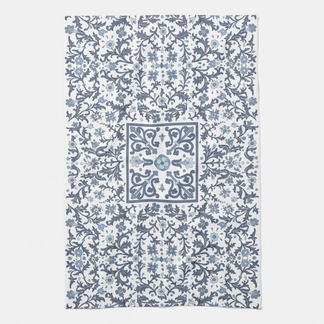 Denim Blue Floral Tea Towel (Vertical)