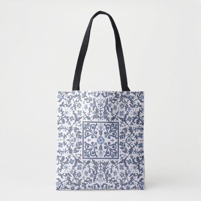 Denim Blue Floral Tote Bag (Front)