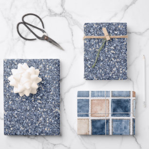 Denim Blue Glitter Faux Denim Birthday Wrapping Paper Sheet