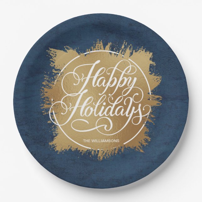 Denim Blue Gold Faux Foil Holiday Paper Plate (Front)