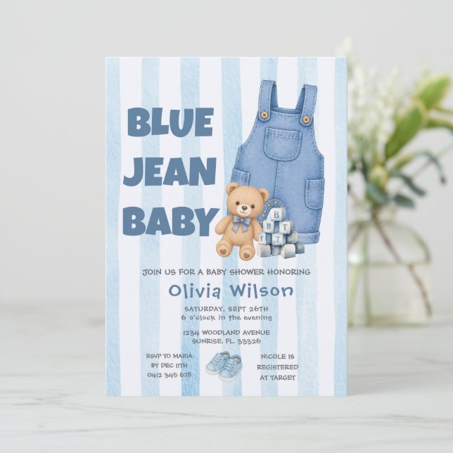 Denim Blue Jean Baby Shower Invitation (Standing Front)