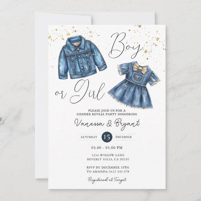 Denim Blue Jean Boy or Girl Gender Reveal Invitation (Front)