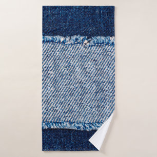 Denim blue jeans fabric frame. Bleached denim fabr Bath Towel