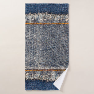 Denim blue jeans fabric frame. Bleached denim fabr Bath Towel