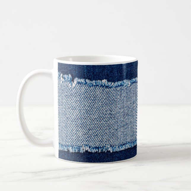 Denim blue jeans fabric frame. Bleached denim fabr Coffee Mug (Left)