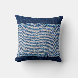 Denim blue jeans fabric frame. Bleached denim fabr Cushion