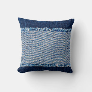 Denim blue jeans fabric frame. Bleached denim fabr Cushion