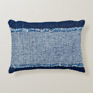 Denim blue jeans fabric frame. Bleached denim fabr Decorative Cushion