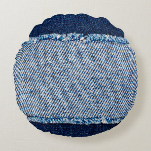 Denim blue jeans fabric frame. Bleached denim fabr Round Cushion