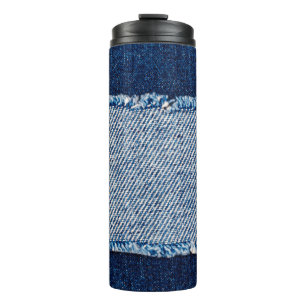 Denim blue jeans fabric frame. Bleached denim fabr Thermal Tumbler