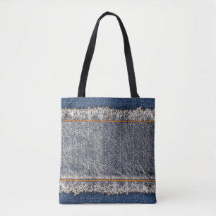 Denim blue jeans fabric frame. Bleached denim fabr Tote Bag