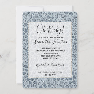 Denim Blue Leopard Print Glitter Baby Shower Invitation